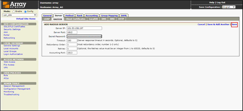 Entering Radius Server Details